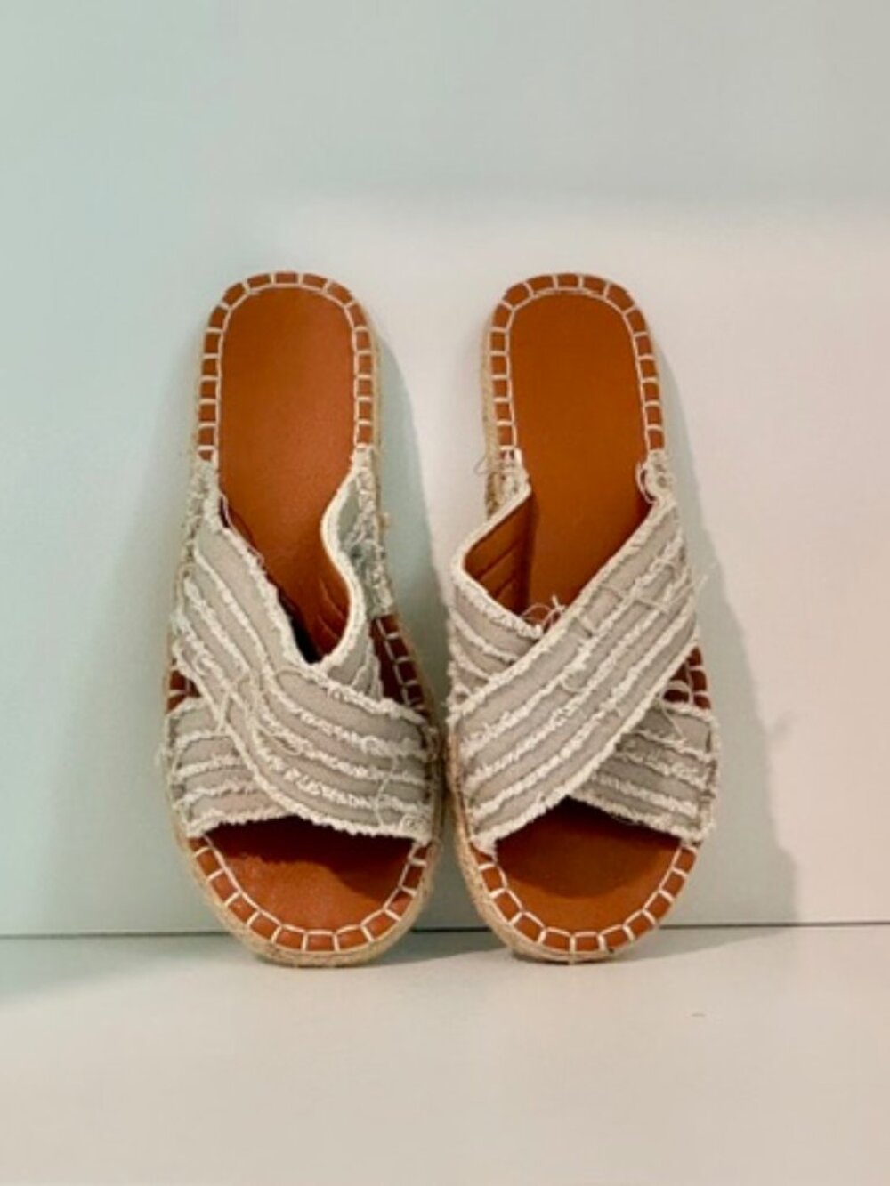 Cream Fringe Espadrille Slide Sandals | Boho Woven Slip-On Flats | Size 7.5